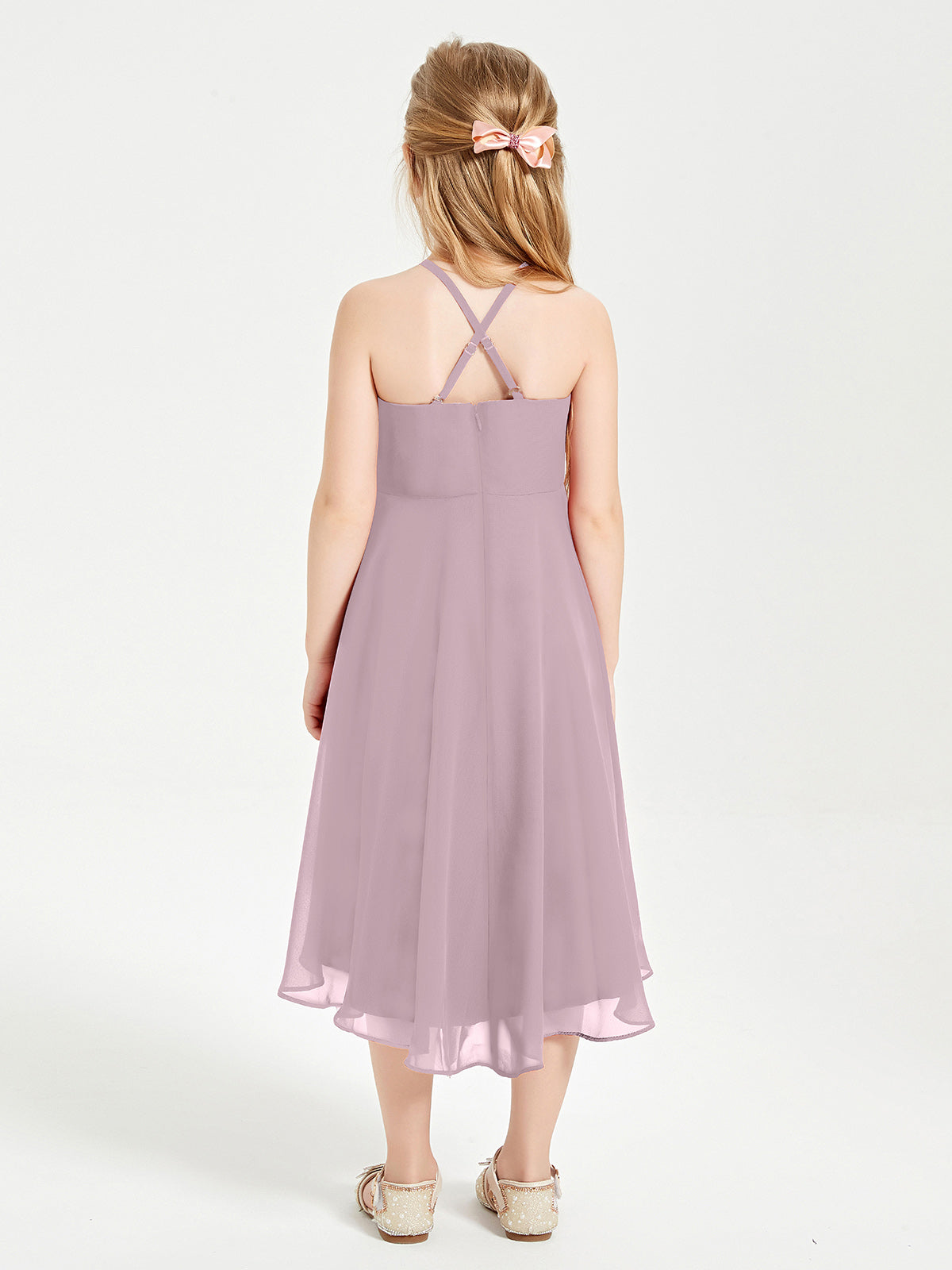 Tea Length Junior Bridesmaid Dresses with Asymmetrical Skirts Dusk